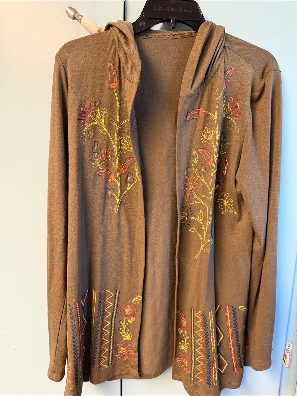 Nordstrom Rack FALL COLORD Embroidered Hooded Open Cardigan Sweater - M NEW
